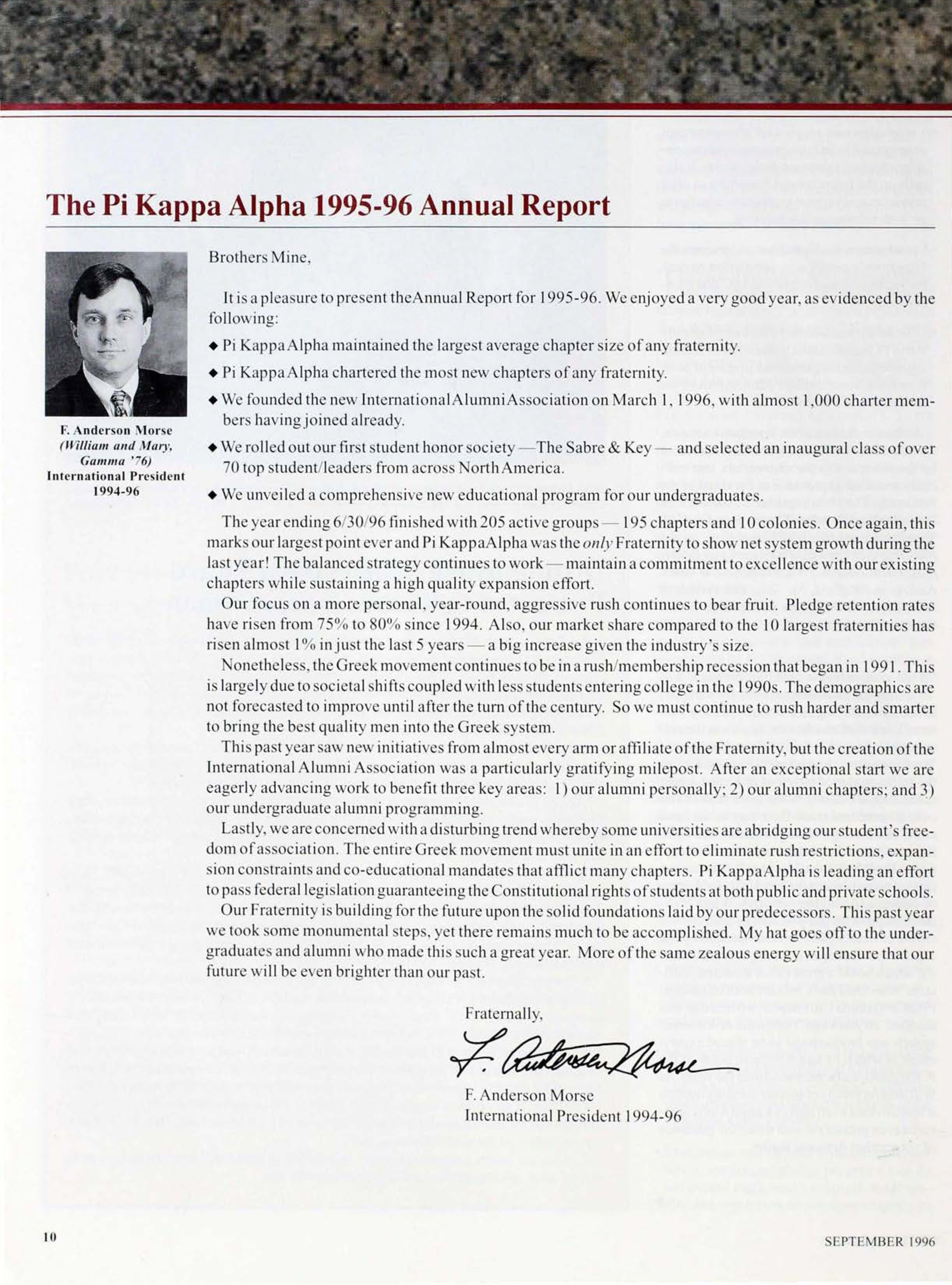 The Pi Kappa Alpha 1995-96 Annual Report